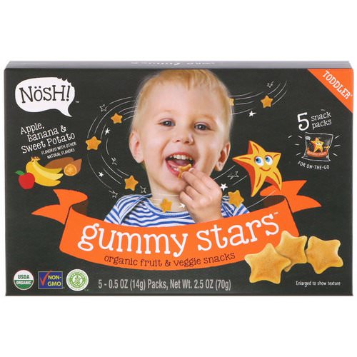 NosH! Toddler Gummy Stars, Organic Fruit & Veggie Snacks, Apple, Banana & Sweet Potato, 5 Packs, 0.5 oz (14 g) Each فوائد