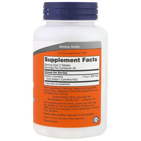 Now Foods, Acetyl-L Carnitine, 750 mg, 90 Tablets:أسيتيل كارنيتيني, أحماض أمينية