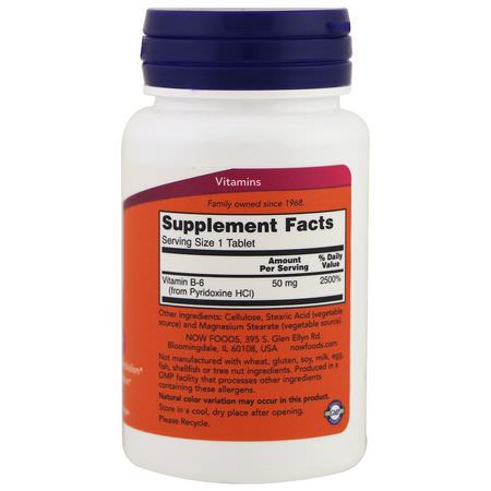 Now Foods, B-6, 50 mg, 100 Tablets:B6 Pyridoxine,فيتامين B