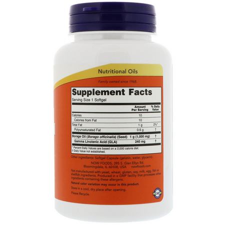Now Foods, Borage Oil, Concentration GLA, 1000 mg, 60 Softgels:Borage Oil, Omegas EPA DHA
