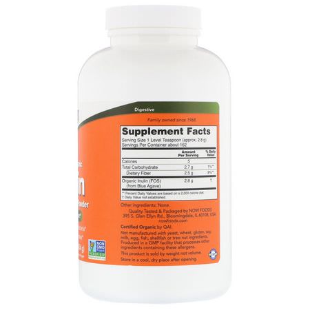 Now Foods, Certified Organic Inulin, Prebiotic Pure Powder, 1 lb (454 g):ألياف الأنس,لين Prebiotic ,الألياف