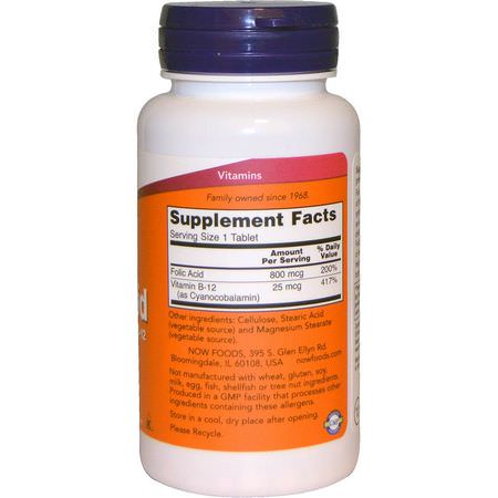 Now Foods, Folic Acid with Vitamin B-12, 800 mcg, 250 Tablets:حمض الف,ليك ,فيتامين ب