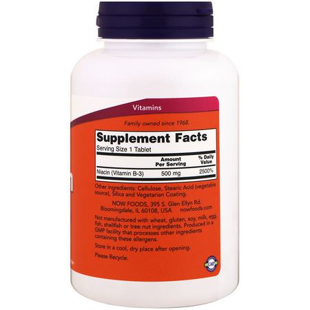 Now Foods, Niacin, 500 mg, 250 Tablets:B3 Niacin,فيتامين B