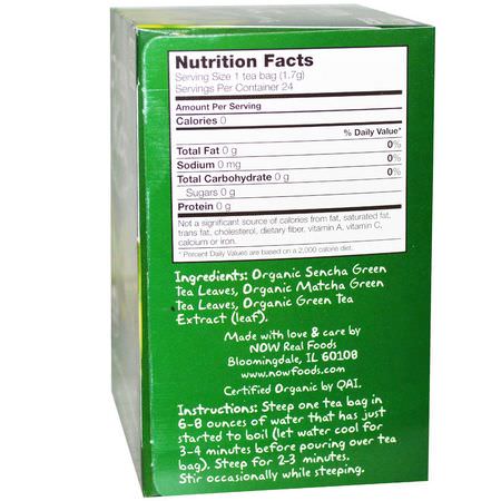 Now Foods, Organic Real Tea, Green Kick, 24 Tea Bags, 1.44 oz (41 g):شاي سنشا ,الشاي الأخضر