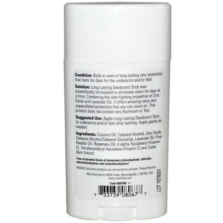 Now Foods, Solutions, Long-Lasting Deodorant Stick, Refreshing Lavender, 2.2 oz (62 g):مزيل عرق, حمام