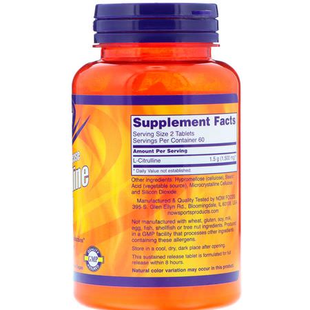 Now Foods, Sports, L-Citrulline, Sustained Release, 750 mg, 120 Tablets:L-Citrulline,الأحماض الأمينية