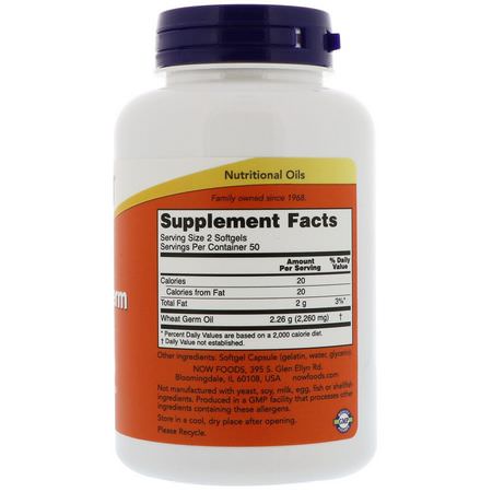 Now Foods, Wheat Germ Oil, 1130 mg, 100 Softgels:تركيبات Omega 3-6-9, EFA