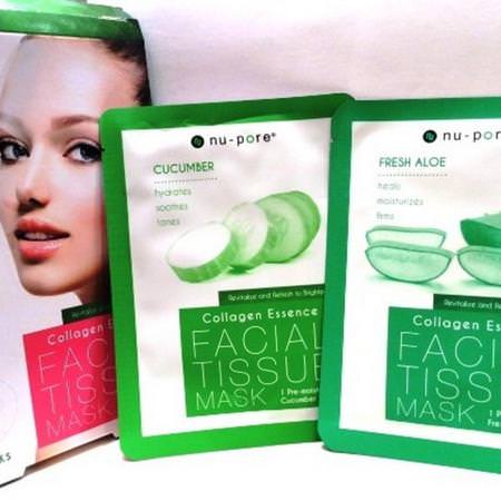 Nu-Pore, Collagen Essence Face Mask Set, Aloe & Cucumber, 2 Single-Use Masks, 0.85 fl oz (25 g) Each