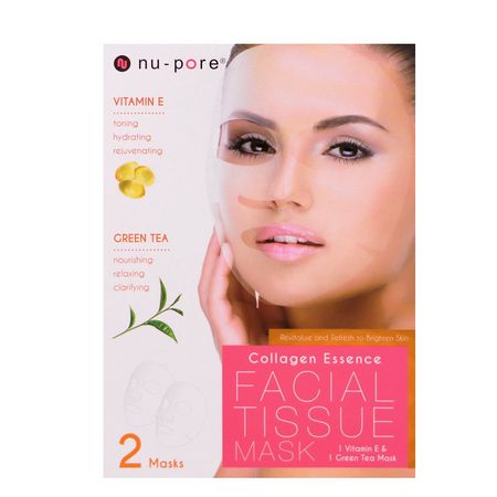 Nu-Pore, Collagen Essence Face Mask Set, Vitamin E & Green Tea, 2 Single-Use Masks, 0.85 fl oz (25 g) Each:أقنعة التفتيح, أقنعة الترطيب