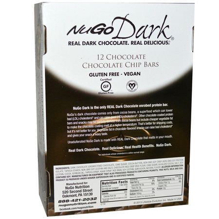 NuGo Nutrition, NuGo Dark, Protein Bars, Chocolate Chocolate Chip, 12 Bars, 1.76 oz (50 g) Each:الحانات الغذائية