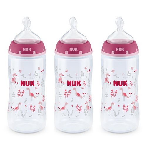 NUK, Bottle with Perfect Fit Nipple, 0+ Months, Medium, Pink, 3 Wide-Neck Bottles, 10 oz (300 ml) Each فوائد