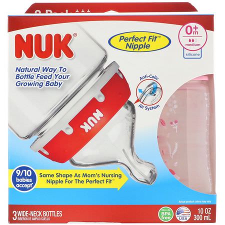 NUK, Bottle with Perfect Fit Nipple, 0+ Months, Medium, Pink, 3 Wide-Neck Bottles, 10 oz (300 ml) Each:حلمات, زجاجات أطفال