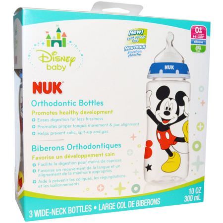 NUK, Disney Baby, Orthodontic Bottles, Medium, Blue, 0+ Months, 3 Bottles, 10 oz (300 ml) Each:حلمات, زجاجات أطفال