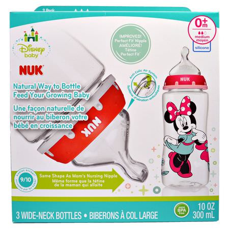 NUK, Disney Baby, Wide-Neck Bottles, Medium, 0+ Months, Pink, 3 Bottles, 10 oz (300 ml) Each:حلمات, زجاجات أطفال