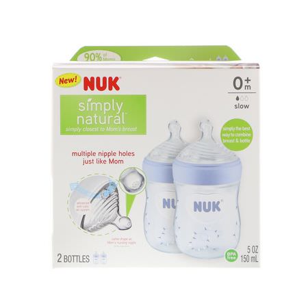 NUK, Simply Natural, Bottles, Boy, 0+ Months, Slow, 2 Pack, 5 oz (150 ml) Each:حلمات, زجاجات أطفال