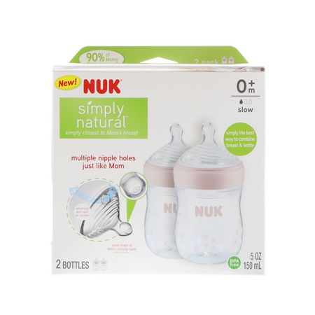 NUK, Simply Natural, Bottles, Girl, 0+ Months, Slow, 2 Pack, 5 oz (150 ml) Each:حلمات, زجاجات أطفال