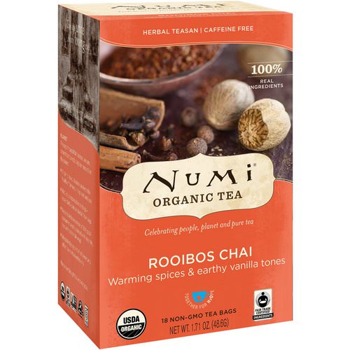 Numi Tea, Organic Tea, Herbal Teasans, Rooibos Chai, Caffeine Free, 18 Tea Bags, 1.71 oz (48.6 g) فوائد