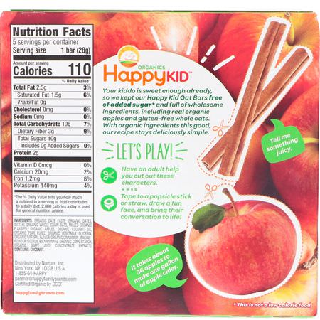Happy Family Organics, Happy Kid, Apple + Cinnamon, Fruit & Oat Bar, 5 Bars, 0.99 oz (28 g) Each:وجبات خفيفة, Bars