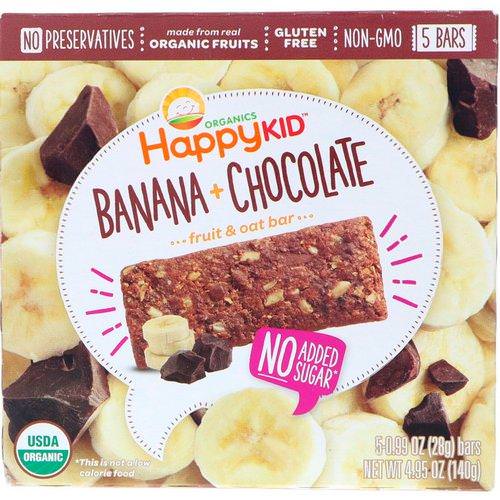 Happy Family Organics, Happy Kid, Banana + Chocolate, Fruit & Oat Bar, 5 Bars, 0.99 oz (28 g) Each فوائد