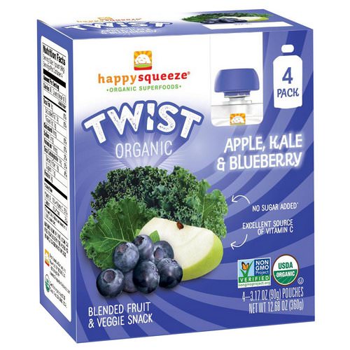 Happy Family Organics, Happy Squeeze, Organic Superfoods, Twist, Organic Apple, Kale, & Blueberry, 4 Pouches, 3.17 oz (90 g) Each فوائد