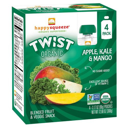 Happy Family Organics, Happy Squeeze, Organic Superfoods, Twist, Organic Apple, Kale & Mango, 4 Pouches, 3.17 oz (90 g) Each فوائد
