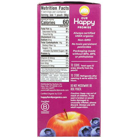 Happy Family Organics, Happy Kid, Organic Apple, Blueberry & Pomegranate, 4 Pouches, 3.17 oz (90 g) Each:,جبات, هريس