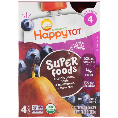 Happy Family Organics, Organic Happy Tot, Super Foods, Organic Pears, Beets & Blueberries + Super Chia, Stage 4, 4 Pack, 4.22 oz (120 g) Each فوائد