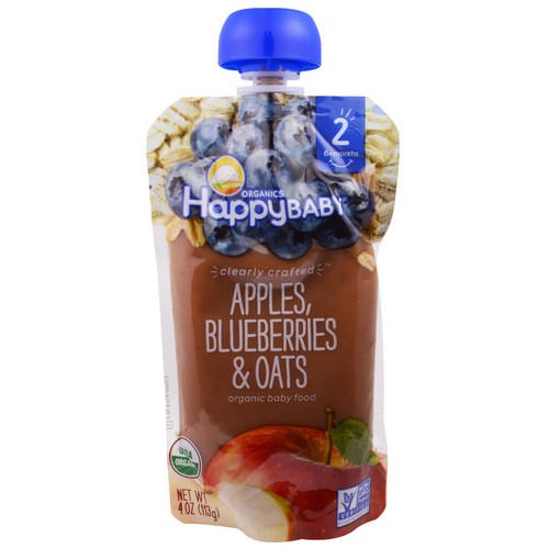 Happy Family Organics, Organic Baby Food, Stage 2, Clearly Crafted, 6+ Months, Apples, Blueberries, & Oats, 4.0 oz (113 g) فوائد