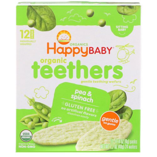 Happy Family Organics, Organic Teethers, Gentle Teething Wafers, Sitting Baby, Pea & Spinach, 12 Packs, 0.14 oz (4 g) Each فوائد