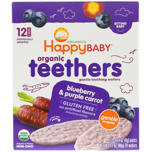 Happy Family Organics, Organic Teethers, Gentle Teething Wafers, Sitting Baby, Blueberry & Purple Carrot, 12 Packs, 0.14 oz (4 g) Each فوائد