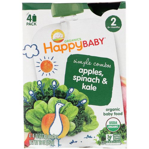 Happy Family Organics, Organics, Stage 2, Simple Combos, Apples, Spinach & Kale, 4 Pouches, 4 oz (113 g) Each فوائد