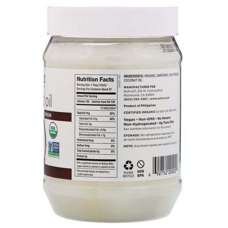 Nutiva, Organic Coconut Oil, Virgin, 29 fl oz (858 ml):زيت ج,ز الهند, مكملات ج,ز الهند