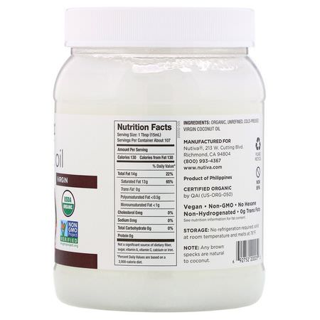 Nutiva, Organic Coconut Oil, Virgin, 54 fl oz (1.6 L):زيت ج,ز الهند, مكملات ج,ز الهند