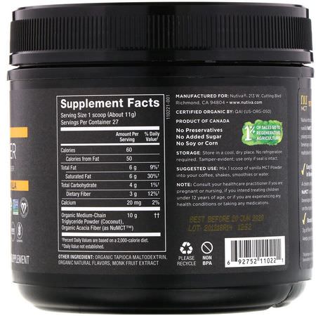 Nutiva, Organic MCT Powder, Vanilla, 10.6 oz (300 g):ألياف الأنس,لين Prebiotic ,الألياف