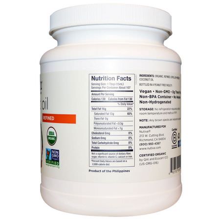 Nutiva, Organic Coconut Oil, Refined, 54 fl oz (1.6 l):زيت ج,ز الهند, مكملات ج,ز الهند