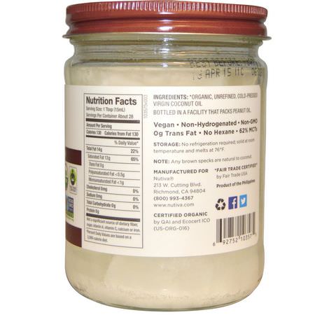 Nutiva, Organic Coconut Oil, Virgin, 14 fl oz (414 ml):زيت ج,ز الهند, مكملات ج,ز الهند