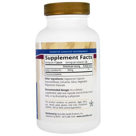NutraLife, Acetyl L-Carnitine HCI, 500 mg, 120 Capsules:Acetyl L-Carnitine, الأحماض الأمينية