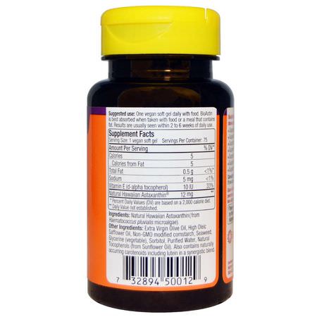 Nutrex Hawaii, BioAstin, 12 mg, 75 Vegan Soft Gels:أستازانتين, مضادات الأكسدة