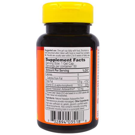 Nutrex Hawaii, BioAstin, Hawaiian Astaxanthin, 12 mg, 50 Gel Caps:أستازانتين, مضادات الأكسدة