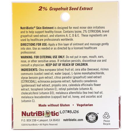 NutriBiotic, Skin Ointment, 2% Grapefruit Seed Extract with Lysine, .5 fl oz (15 ml):علاج الجلد, المراهم