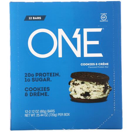 One Brands, One Bar, Cookies & Cream, 12 Bars, 2.12 oz (60 g) Each:أل,اح بر,تين الحليب, قضبان بر,تين مصل الحليب