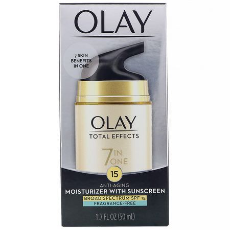 Olay, Total Effects, 7-in-One Anti-Aging Moisturizer with Sunscreen, SPF 15, Fragrance-Free, 1.7 fl oz (50 ml):,اقية من الشمس لل,جه, العناية بالشمس