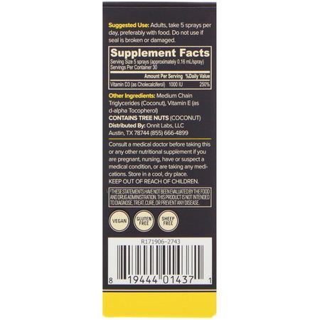 Onnit, Vitamin D3 Spray, Unflavored, 1000 IU, 0.8 fl oz (24 ml):D3 Cholecalciferol,فيتامين D