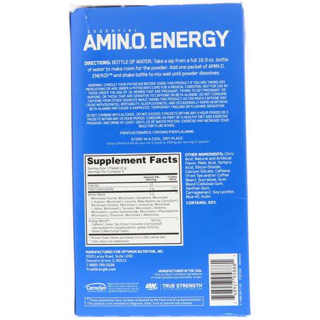 Optimum Nutrition, Essential Amin.O. Energy, Blue Raspberry, 6 Stick Packets, 0.31 oz (9 g) Each:BCAA,الأحماض الأمينية