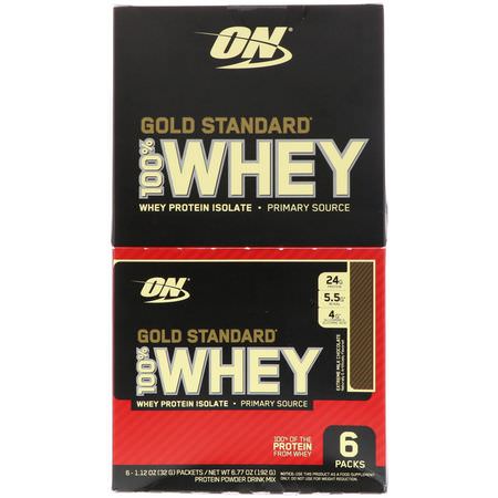 Optimum Nutrition, Gold Standard 100% Whey, Extreme Milk Chocolate, 6 Packs, 1.12 oz (32 g) Each:بر,تين مصل اللبن, التغذية الرياضية