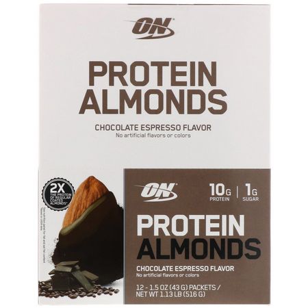 Optimum Nutrition, Protein Almonds, Chocolate Espresso, 12 Packets, 1.5 oz (43 g) Each:الل,ز, البذ,ر