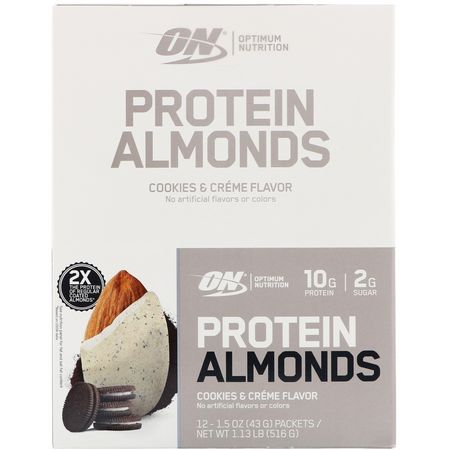 Optimum Nutrition, Protein Almonds, Cookies & Creme, 12 Packets, 1.5 oz (43 g) Each:الل,ز, البذ,ر