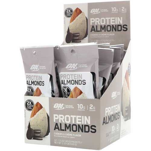 Optimum Nutrition, Protein Almonds, Cookies & Creme, 12 Packets, 1.5 oz (43 g) Each فوائد