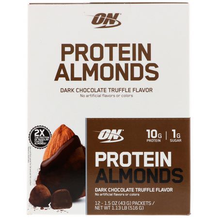 Optimum Nutrition, Protein Almonds, Dark Chocolate Truffle, 12 Packets, 1.5 oz (43 g) Each:الل,ز, البذ,ر