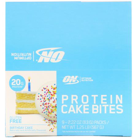 Optimum Nutrition, Protein Cake Bites, Birthday Cake, 9 Bars, 2.22 oz (63 g) Each:البر,تين كيك بايتس, البر,تين لل,جبات الخفيفة